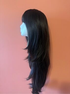 Long Layered Synthetic Wig with Side Bangs - Dark Brown